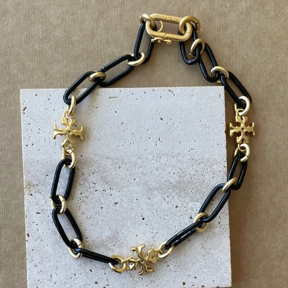 Tory Burch Black and Gold Logo Link Necklace - Picture 2 of 3